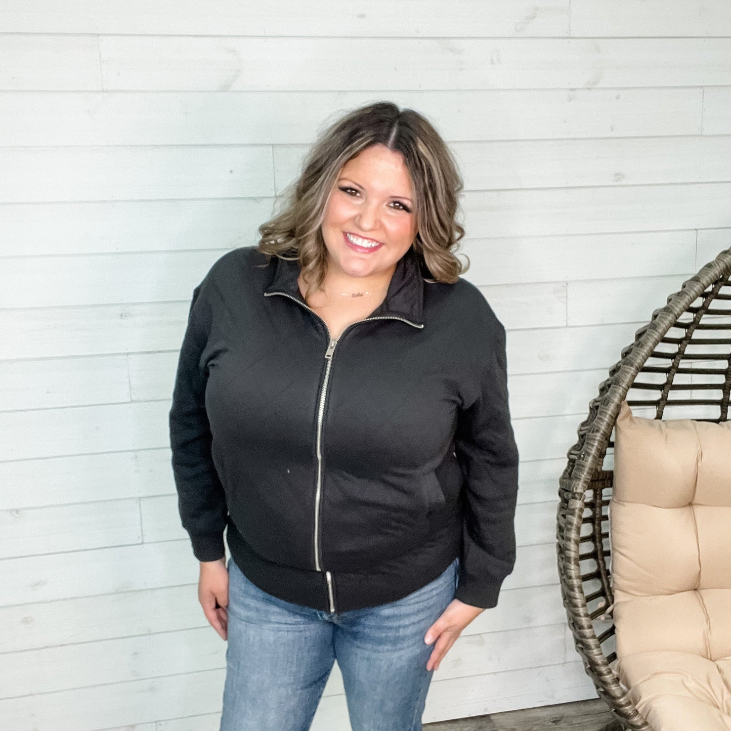 Diamond Quilted Full Zip Jacket (Charcoal)