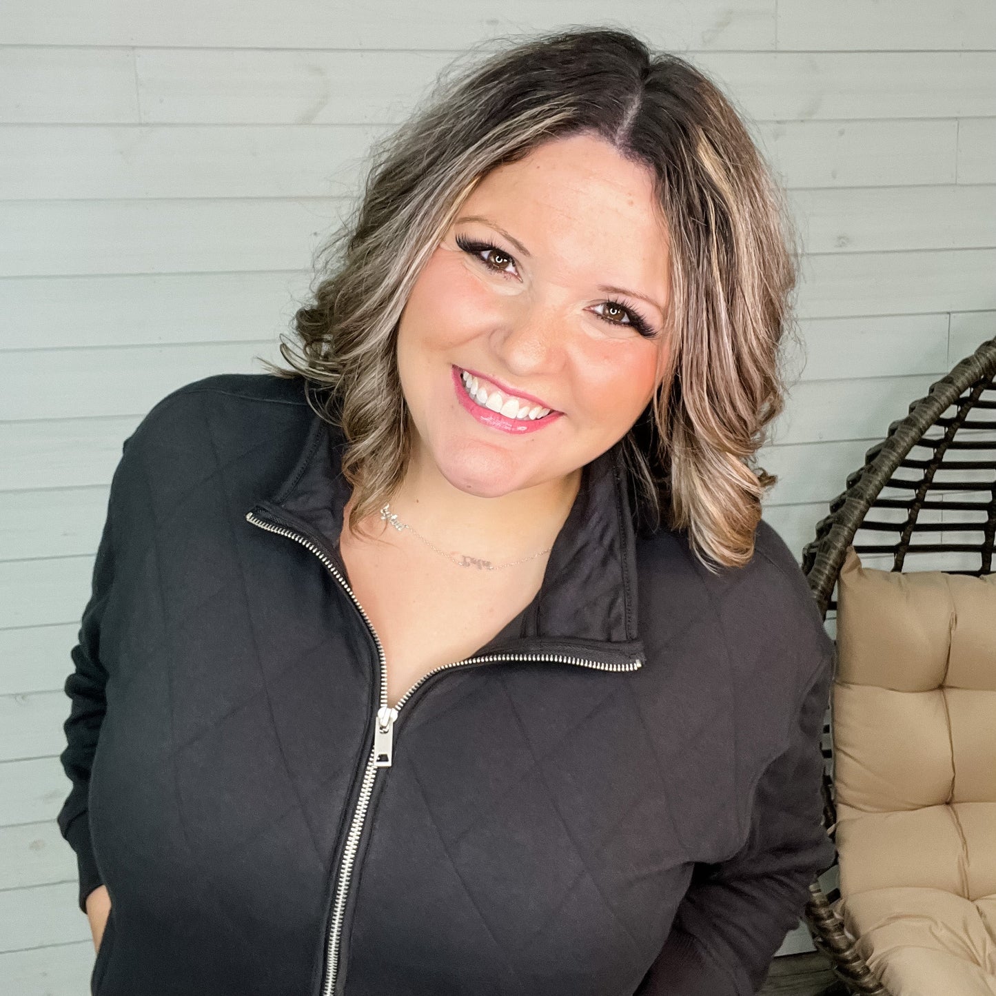 Diamond Quilted Full Zip Jacket (Charcoal)
