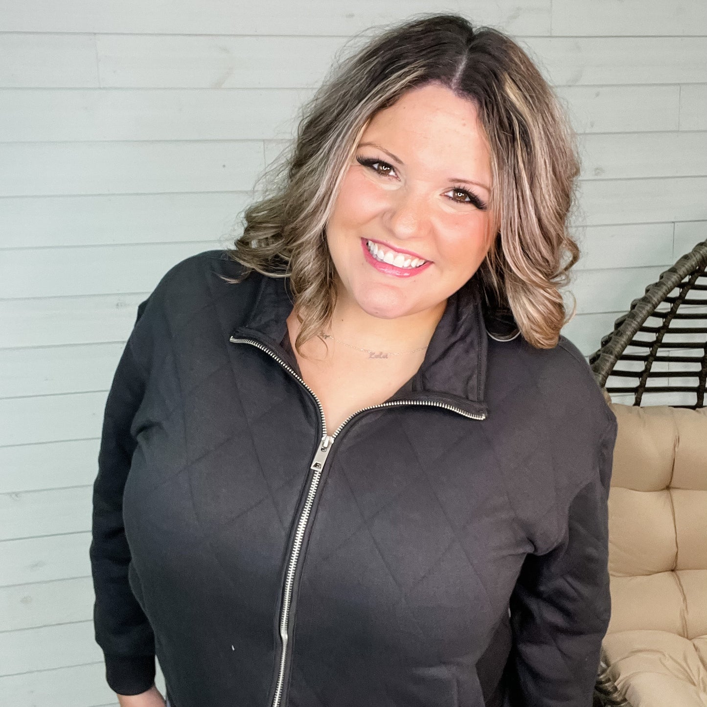 Diamond Quilted Full Zip Jacket (Charcoal)