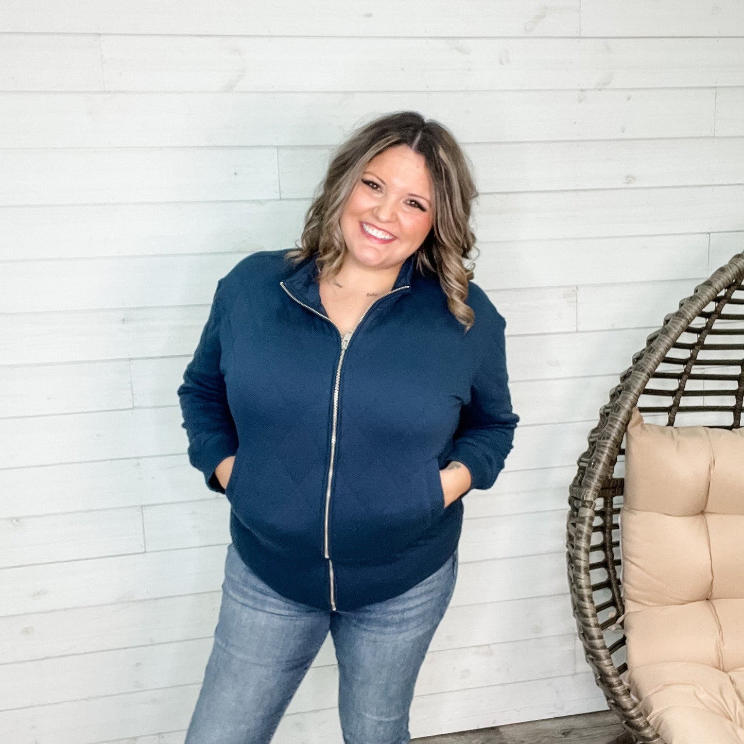 Diamond Quilted Full Zip Jacket (Navy)