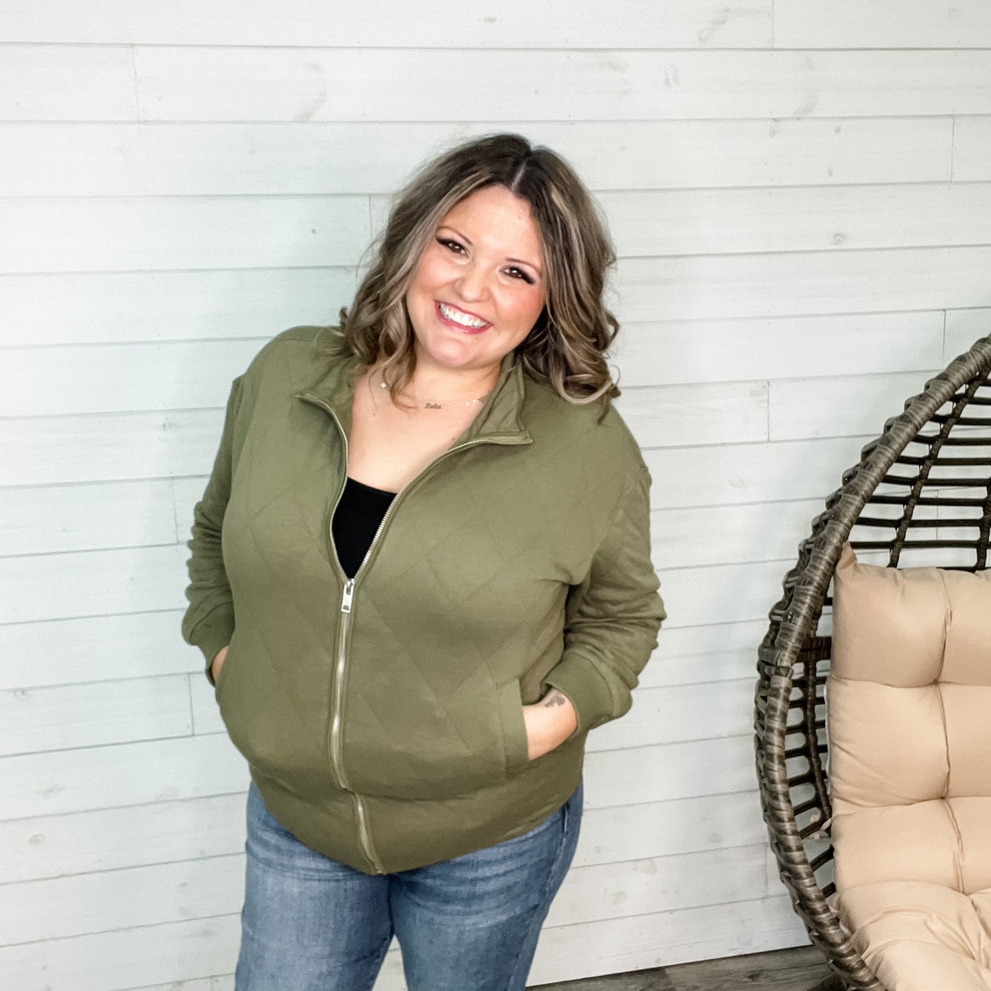 Diamond Quilted Full Zip Jacket (Olive)