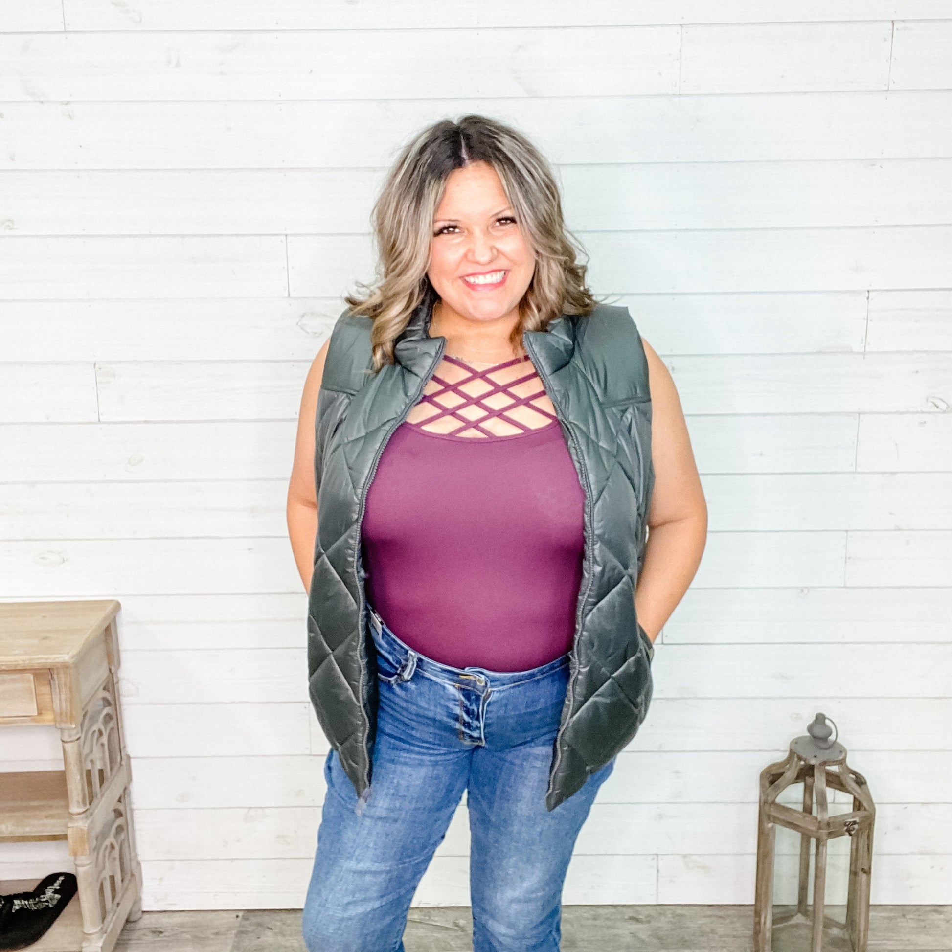 Diamond Quilted Zip Front Vest (Ash Grey)