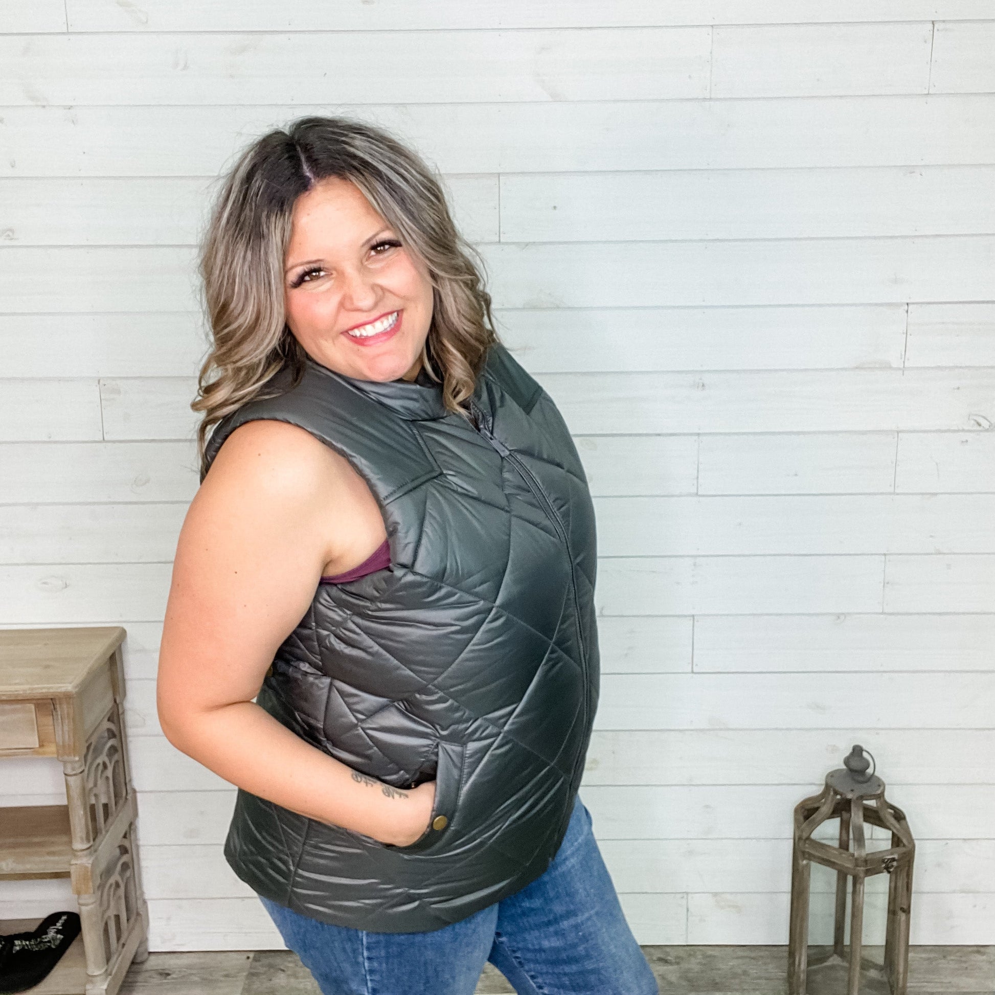 Diamond Quilted Zip Front Vest (Ash Grey)