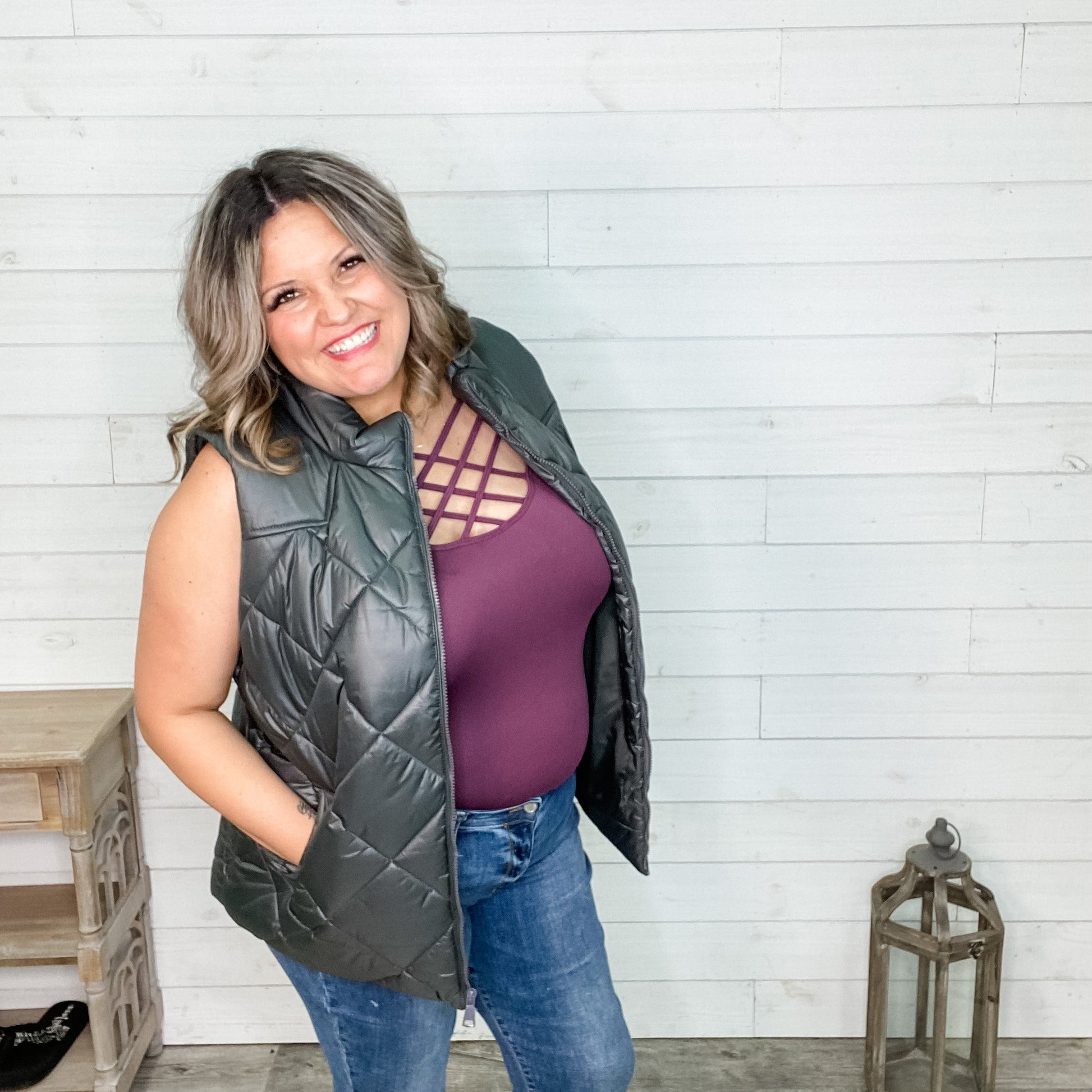 Diamond Quilted Zip Front Vest (Ash Grey)