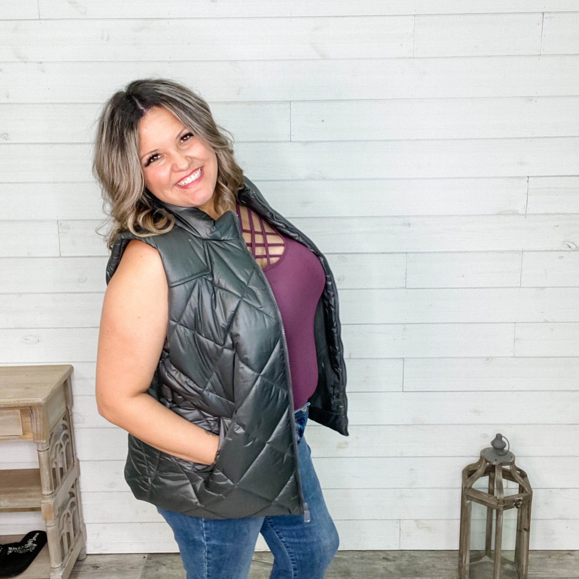 Diamond Quilted Zip Front Vest (Ash Grey)