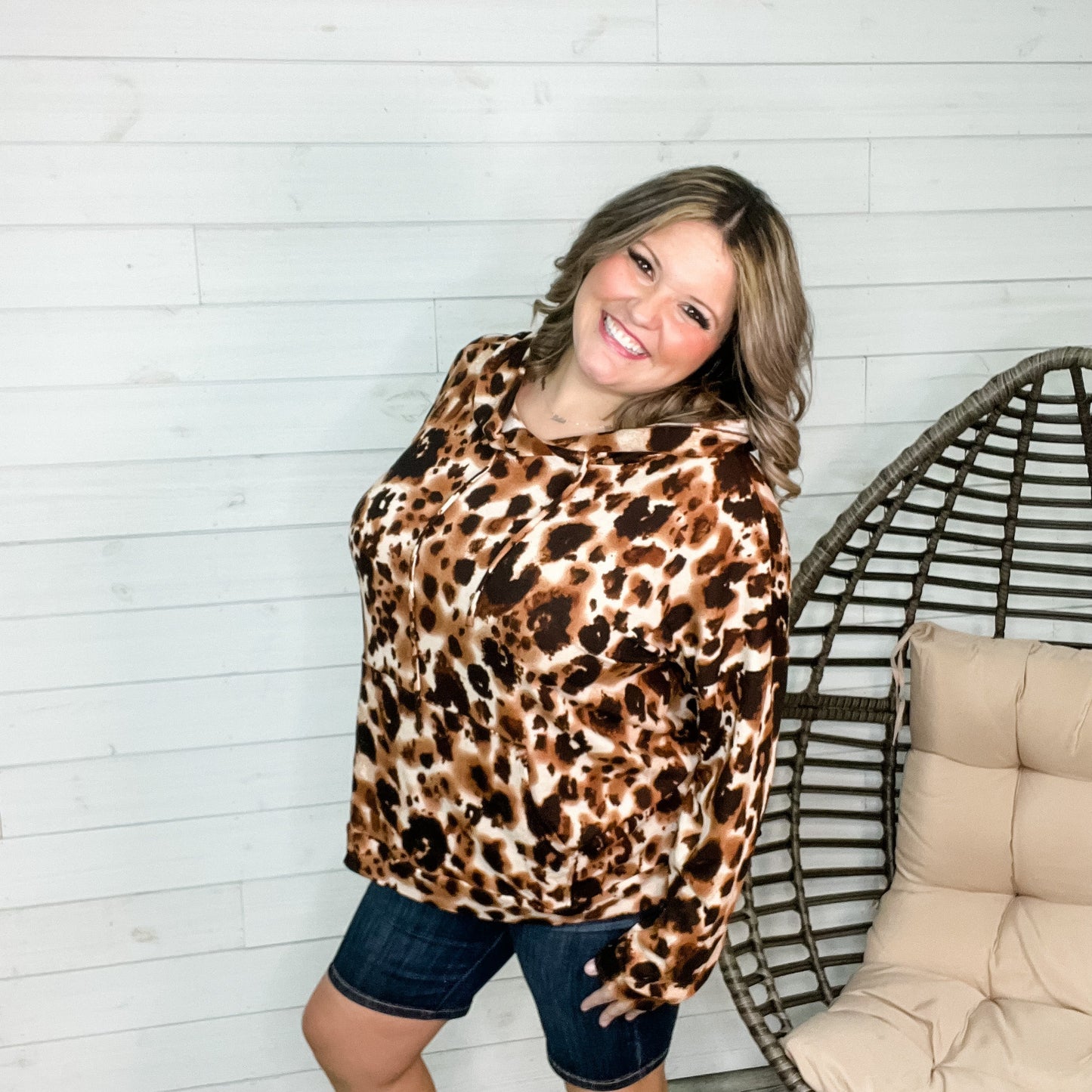 "Did You Catch It" Animal Print Long Sleeve Hoodie with Front Pocket