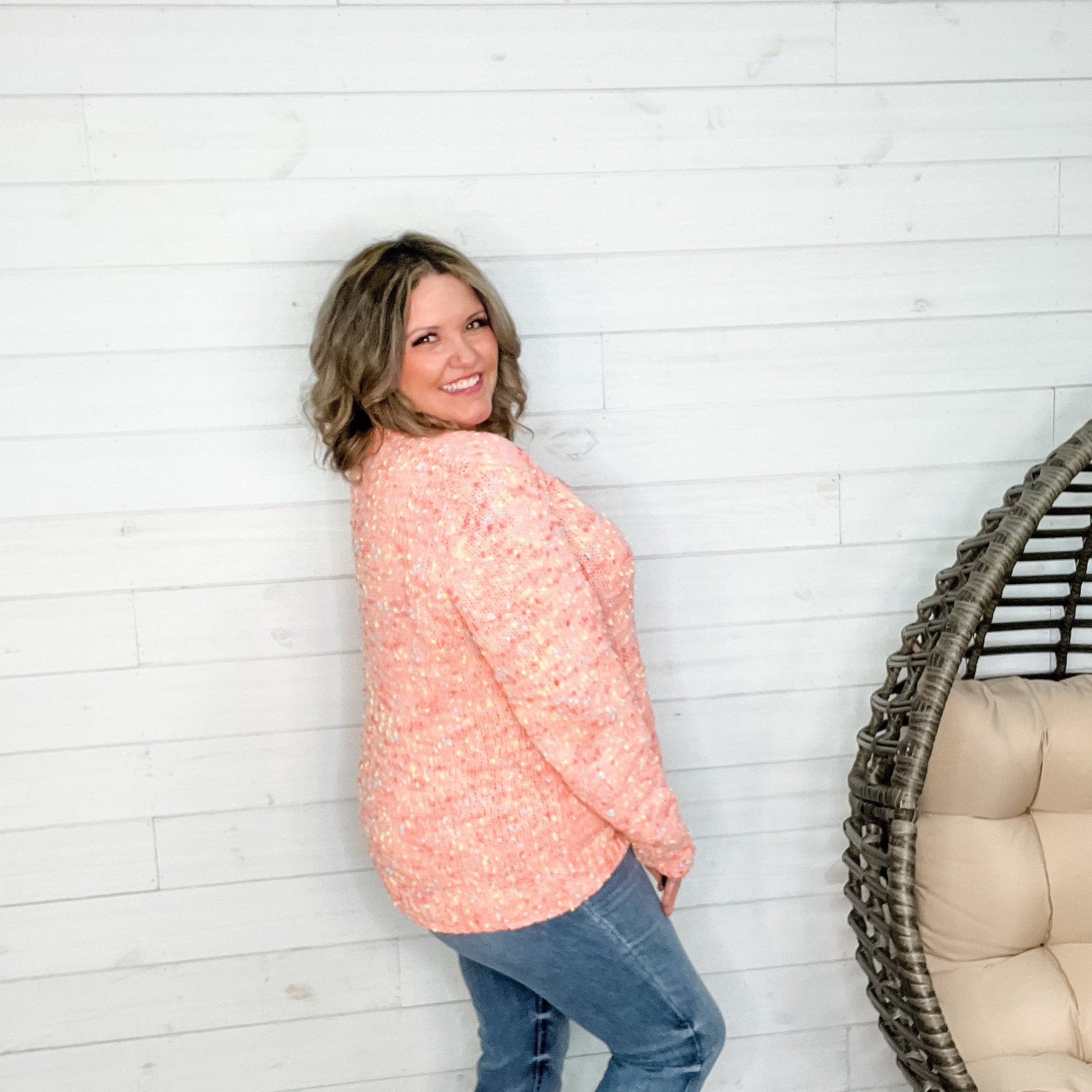 "Did You Know" Chenille Popcorn V Neck Sweater