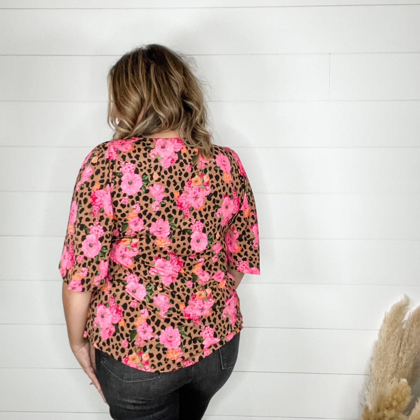 "Dimensions" Animal and Floral Print Short Ruffled Bell Sleeve U Neck