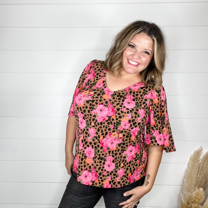 "Dimensions" Animal and Floral Print Short Ruffled Bell Sleeve U Neck