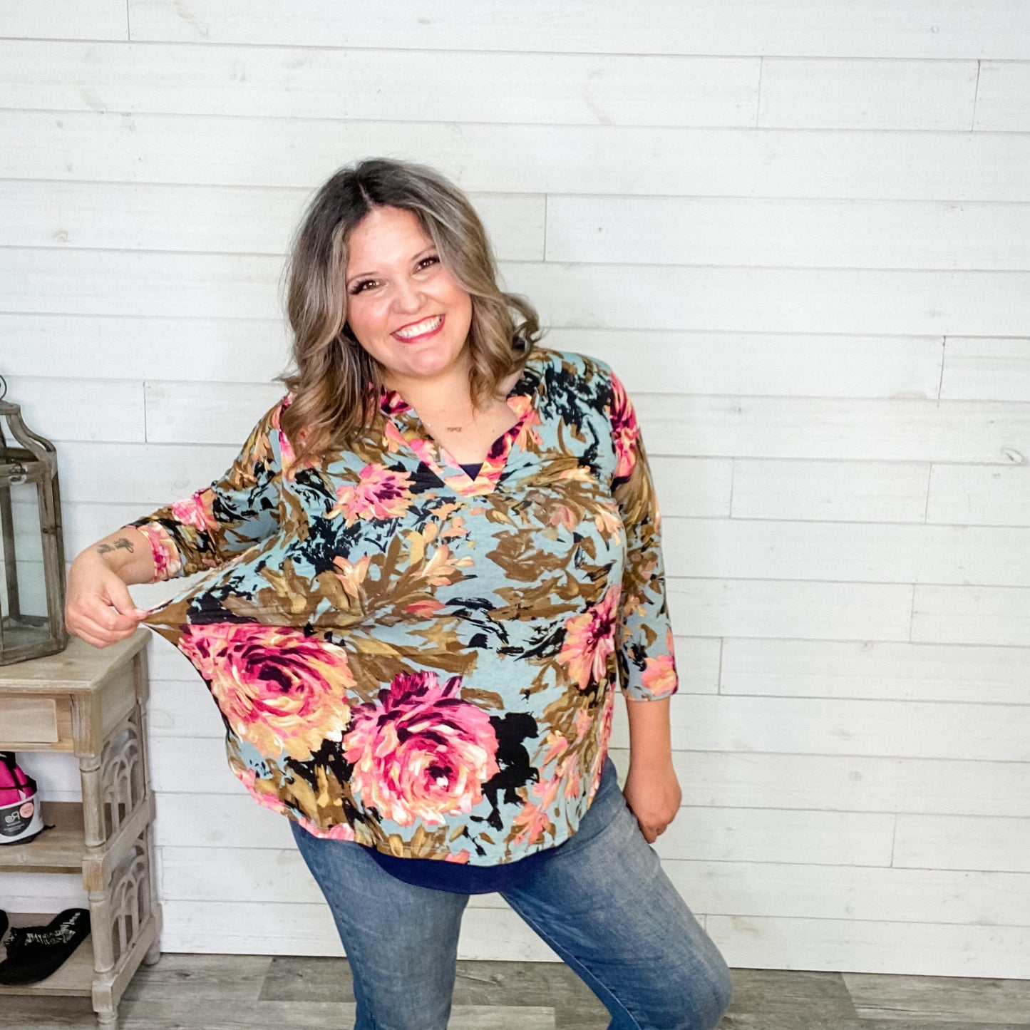 "Ellie" Floral 3/4 Sleeve Split Neck