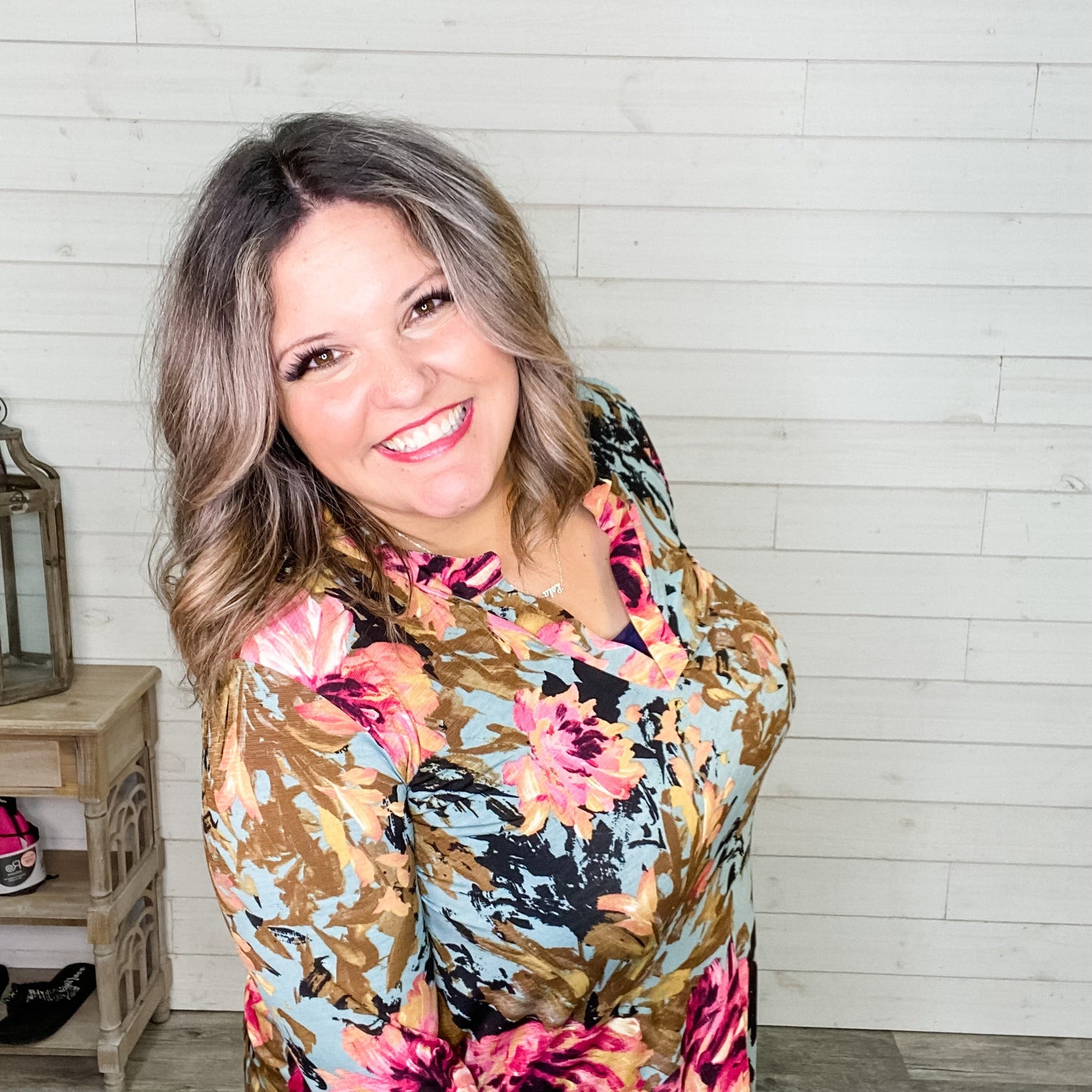 "Ellie" Floral 3/4 Sleeve Split Neck