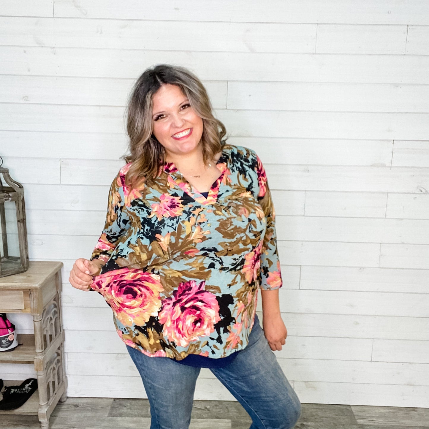 "Ellie" Floral 3/4 Sleeve Split Neck