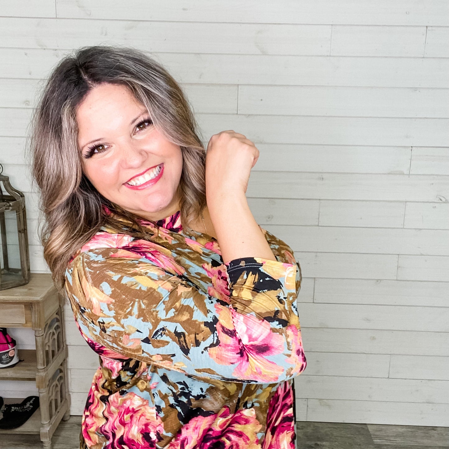 "Ellie" Floral 3/4 Sleeve Split Neck