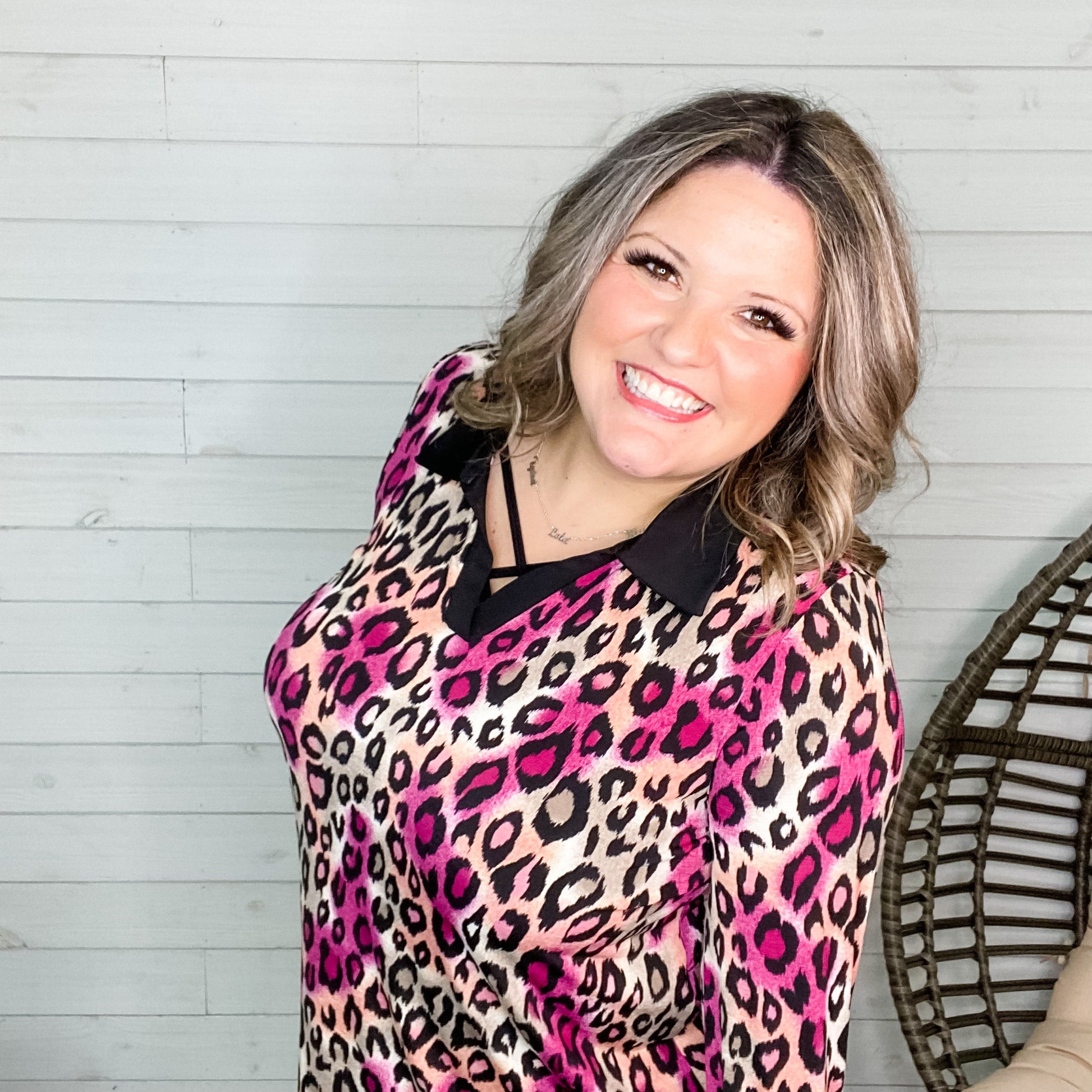 "Emersyn" Animal Print Collared Long SLeeve Split Neck