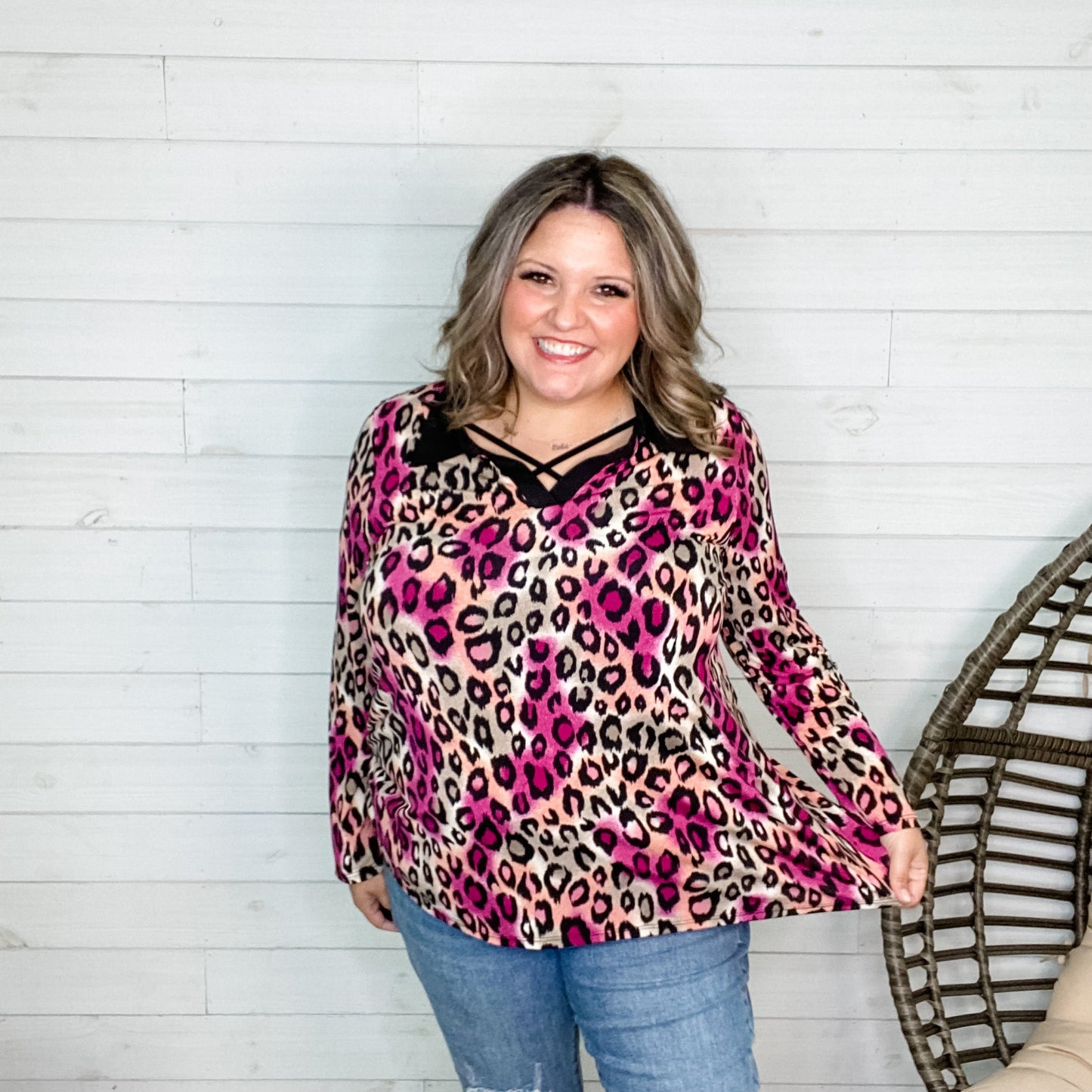 "Emersyn" Animal Print Collared Long SLeeve Split Neck