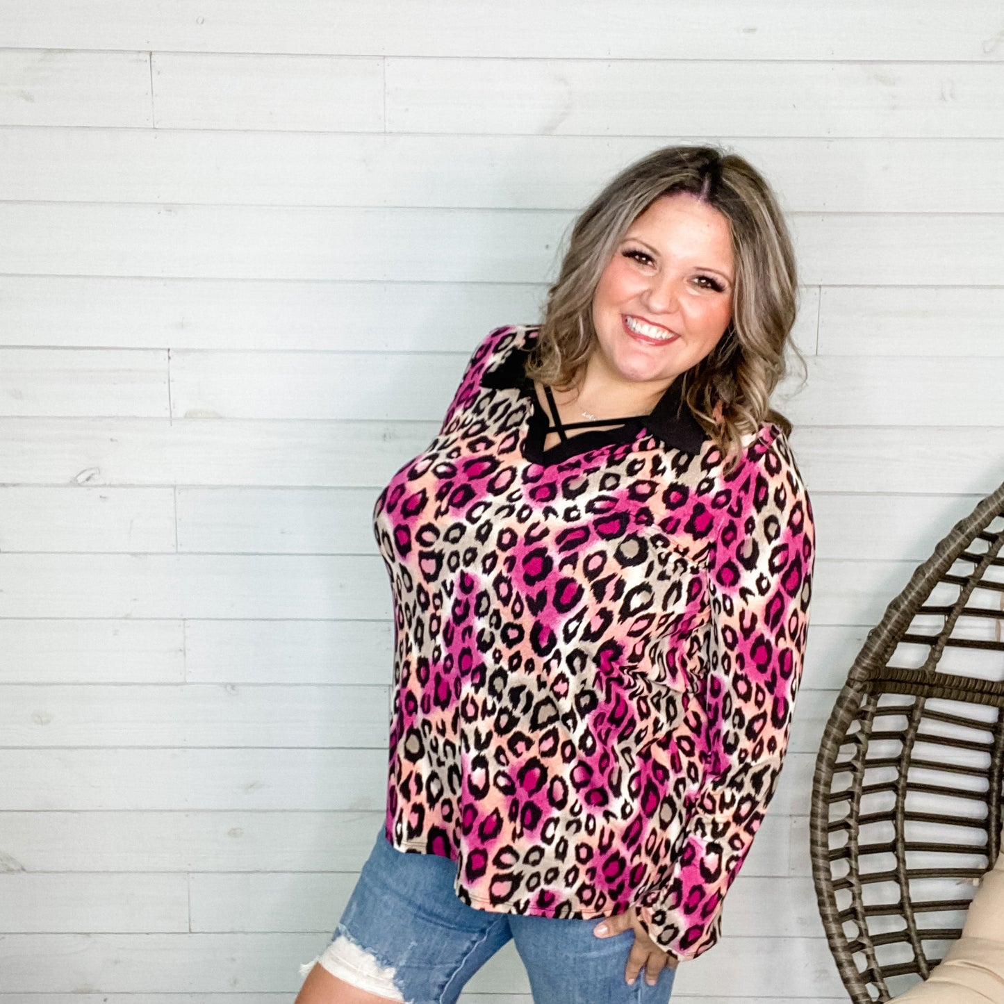 "Emersyn" Animal Print Collared Long SLeeve Split Neck