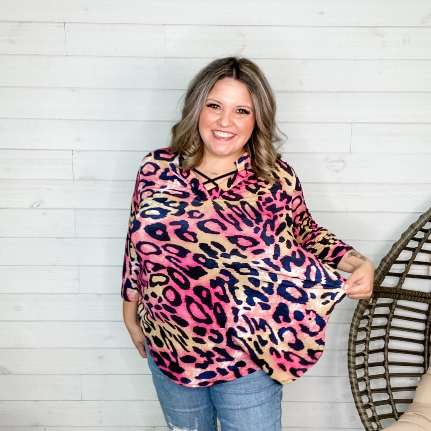 "Emery" Animal Print Lizzy 3/4 Sleeve Split Neck