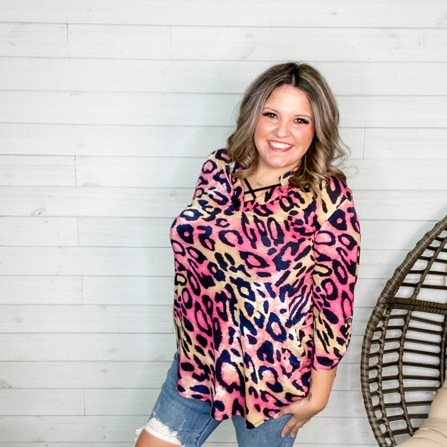 "Emery" Animal Print Lizzy 3/4 Sleeve Split Neck