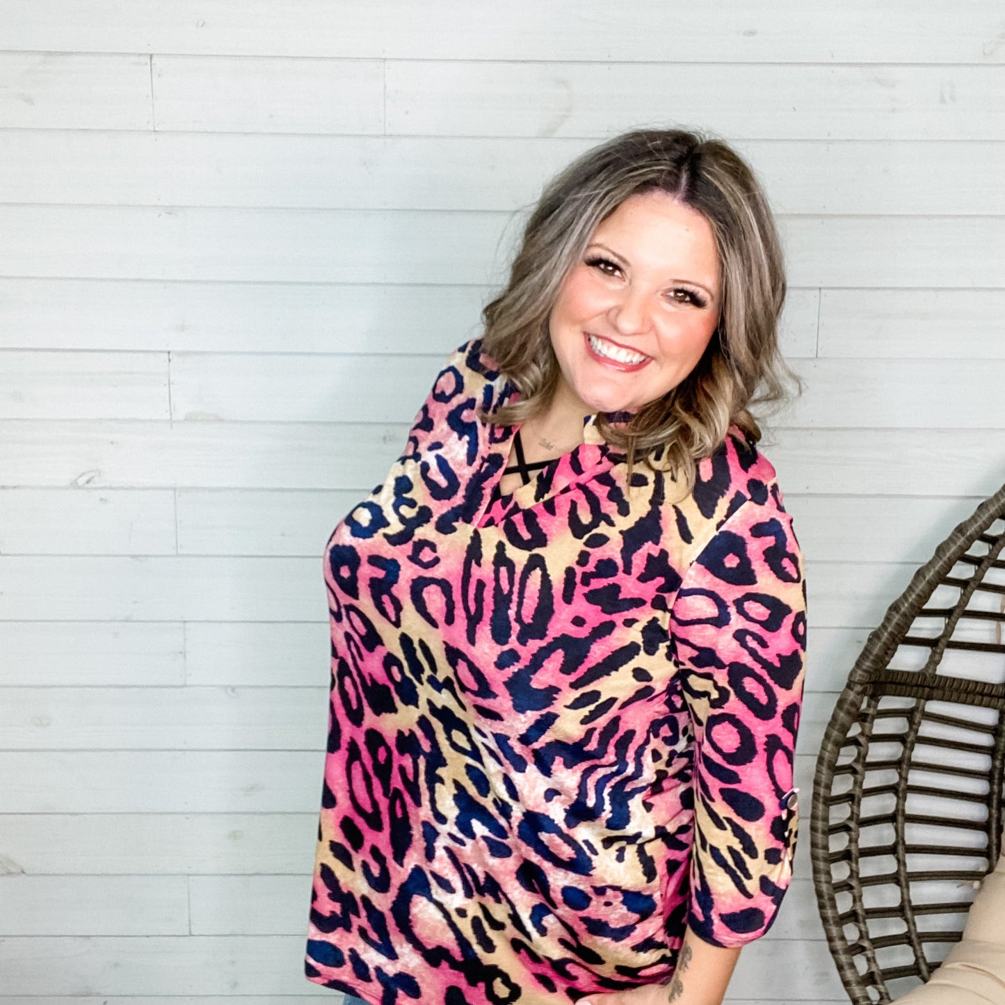 "Emery" Animal Print Lizzy 3/4 Sleeve Split Neck