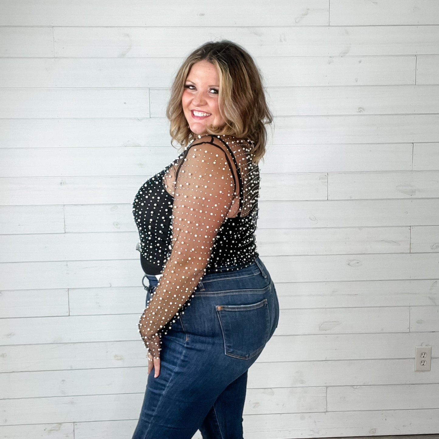"Eras" Pearl Beaded Mesh Top