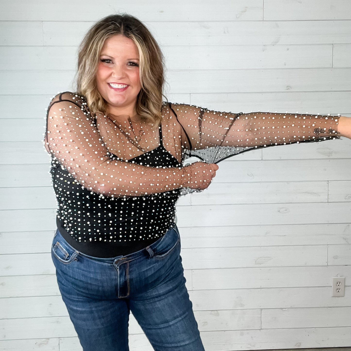 "Eras" Pearl Beaded Mesh Top