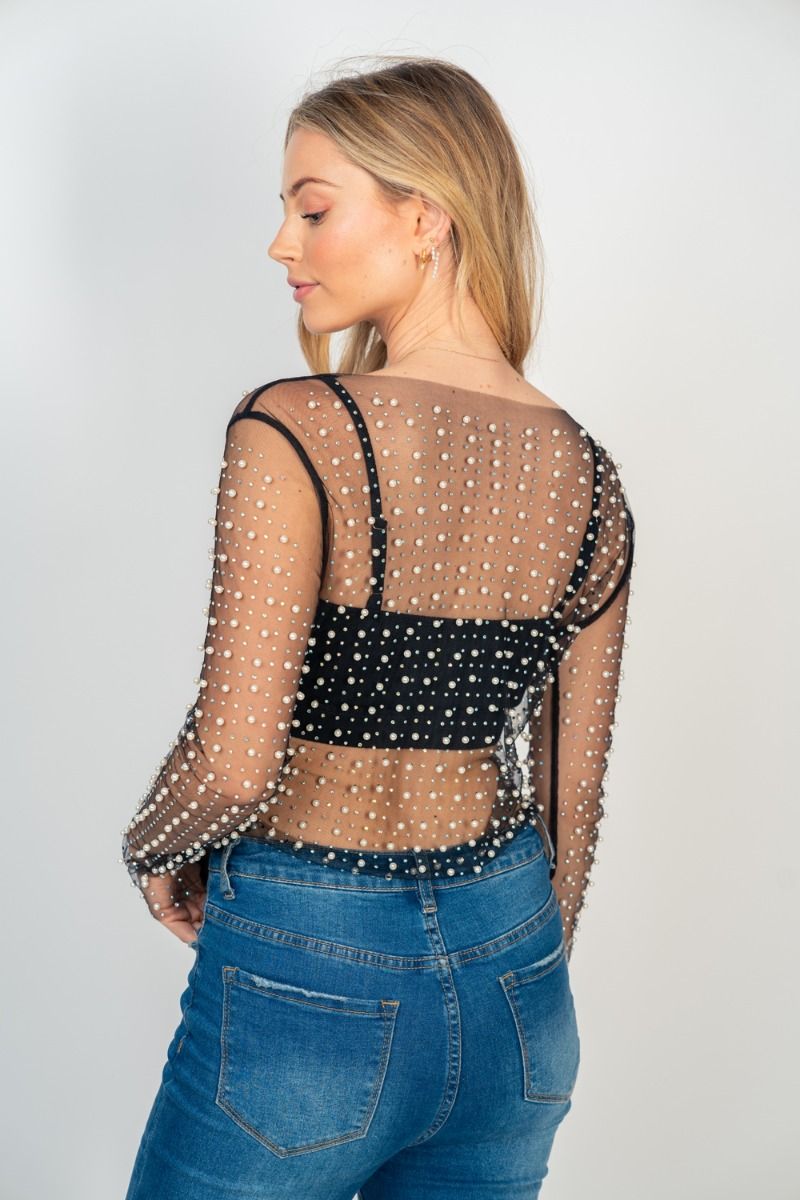 "Eras" Pearl Beaded Mesh Top