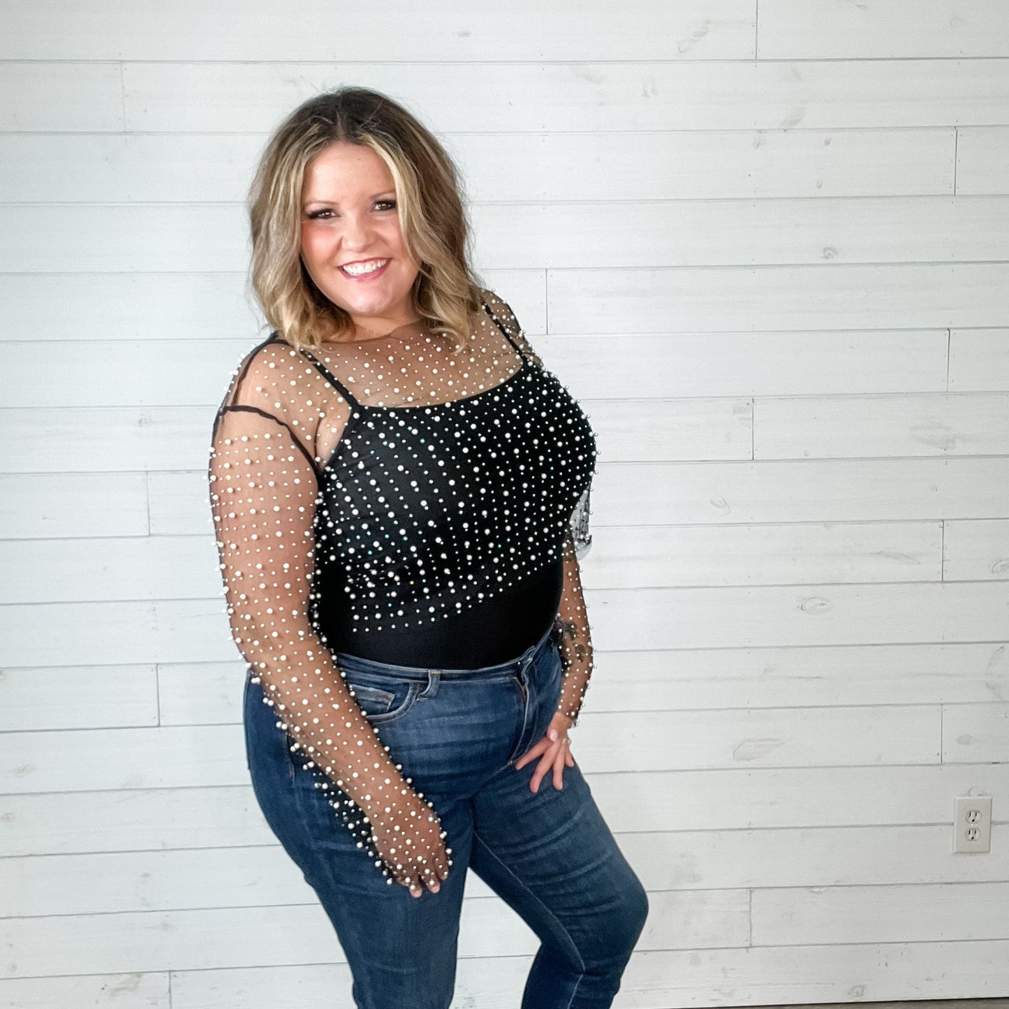 "Eras" Pearl Beaded Mesh Top