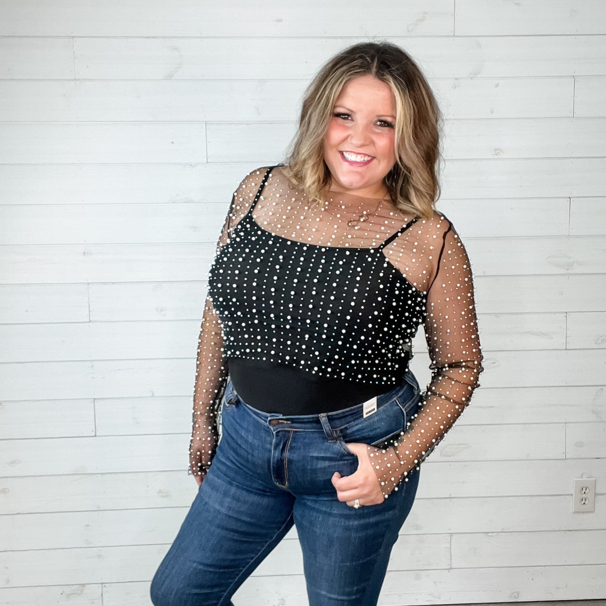 "Eras" Pearl Beaded Mesh Top