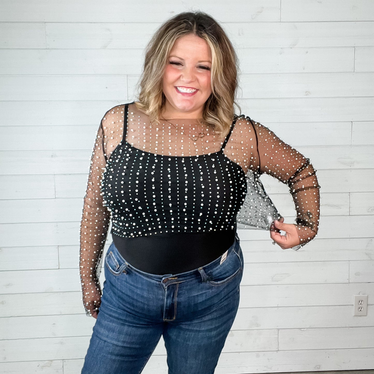 "Eras" Pearl Beaded Mesh Top