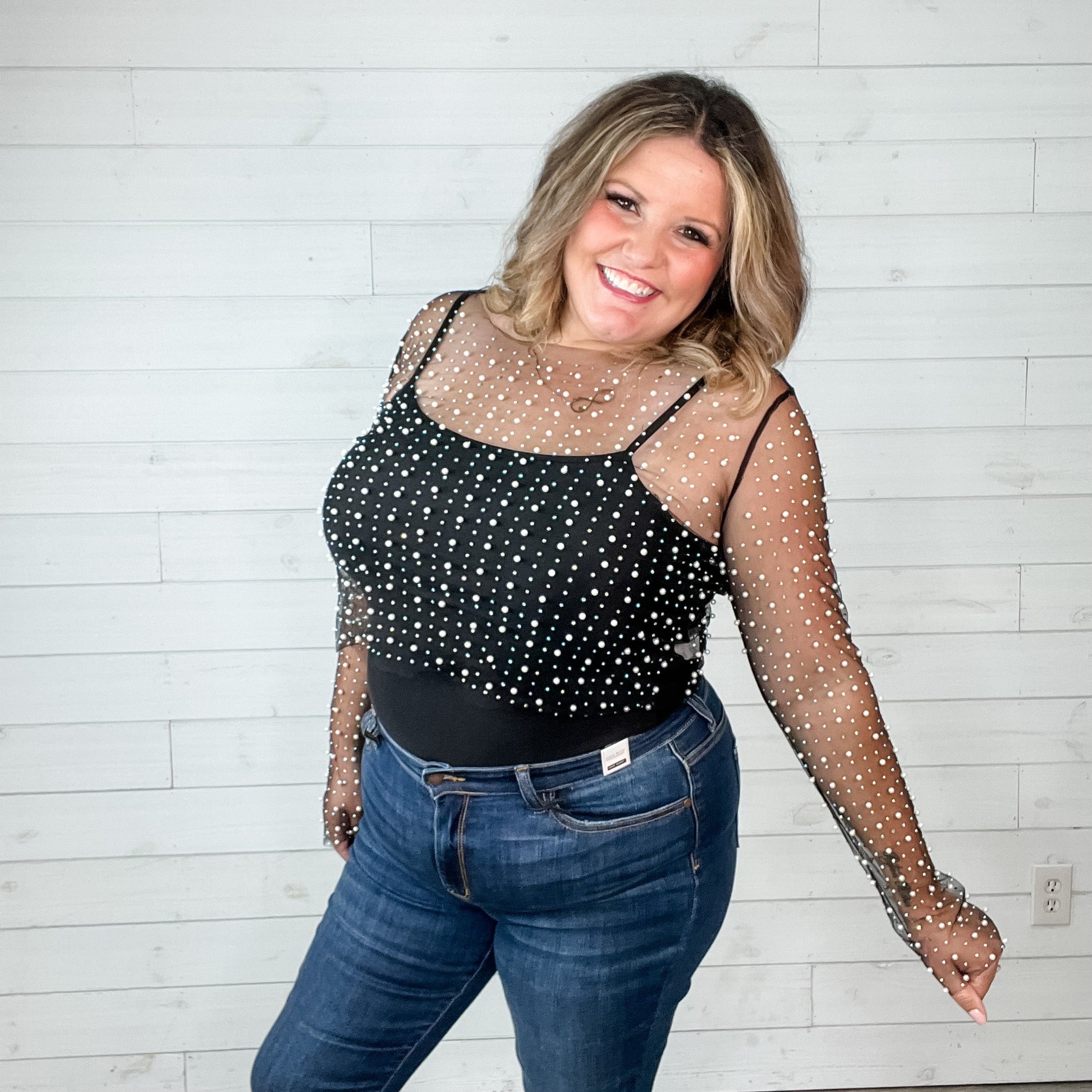 "Eras" Pearl Beaded Mesh Top