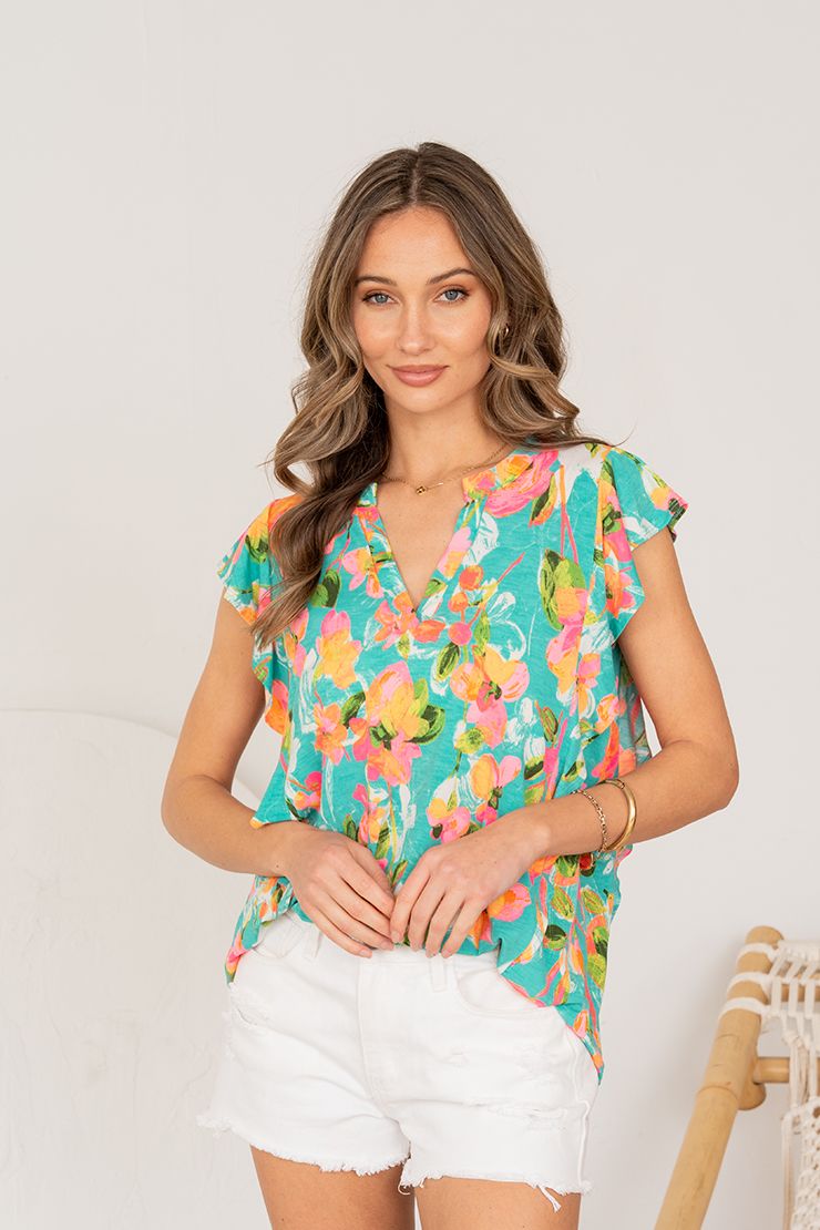 "Atlas" Split Neck Flutter Sleeve