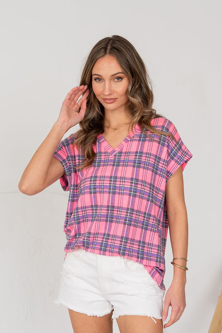 "Fairview" Plaid V Neck Cap Sleeve