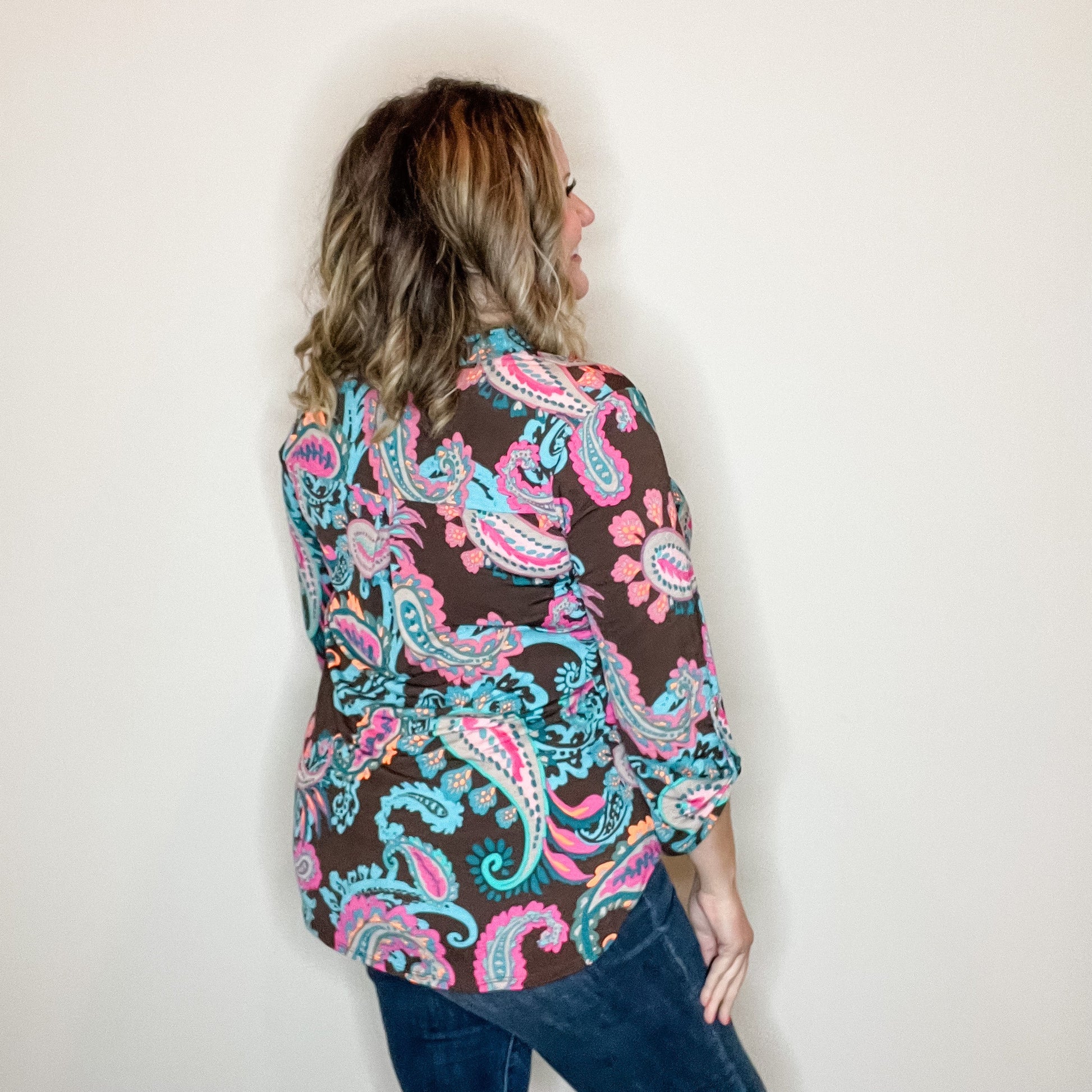 "Eventuality" Paisley Lizzy 3/4 Sleeve Split Neck