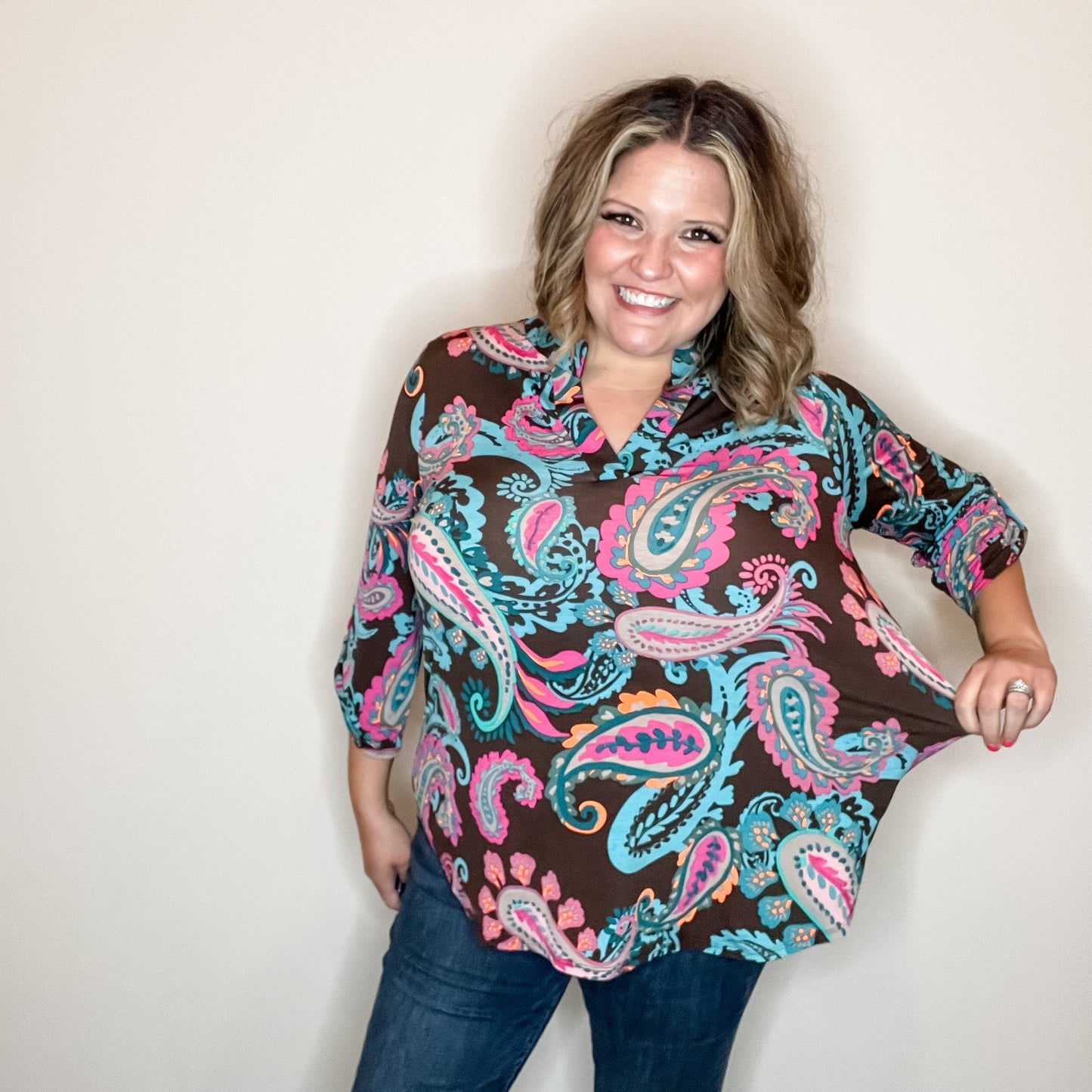 "Eventuality" Paisley Lizzy 3/4 Sleeve Split Neck