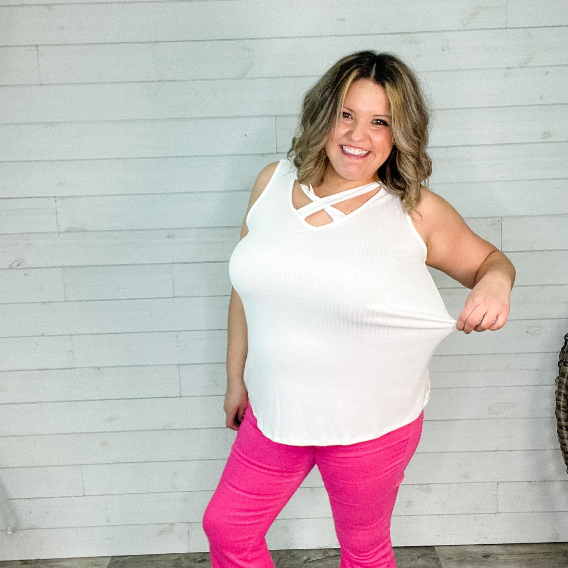 "Everett" Ribbed Tank Top With Criss Cross Front (Off White)