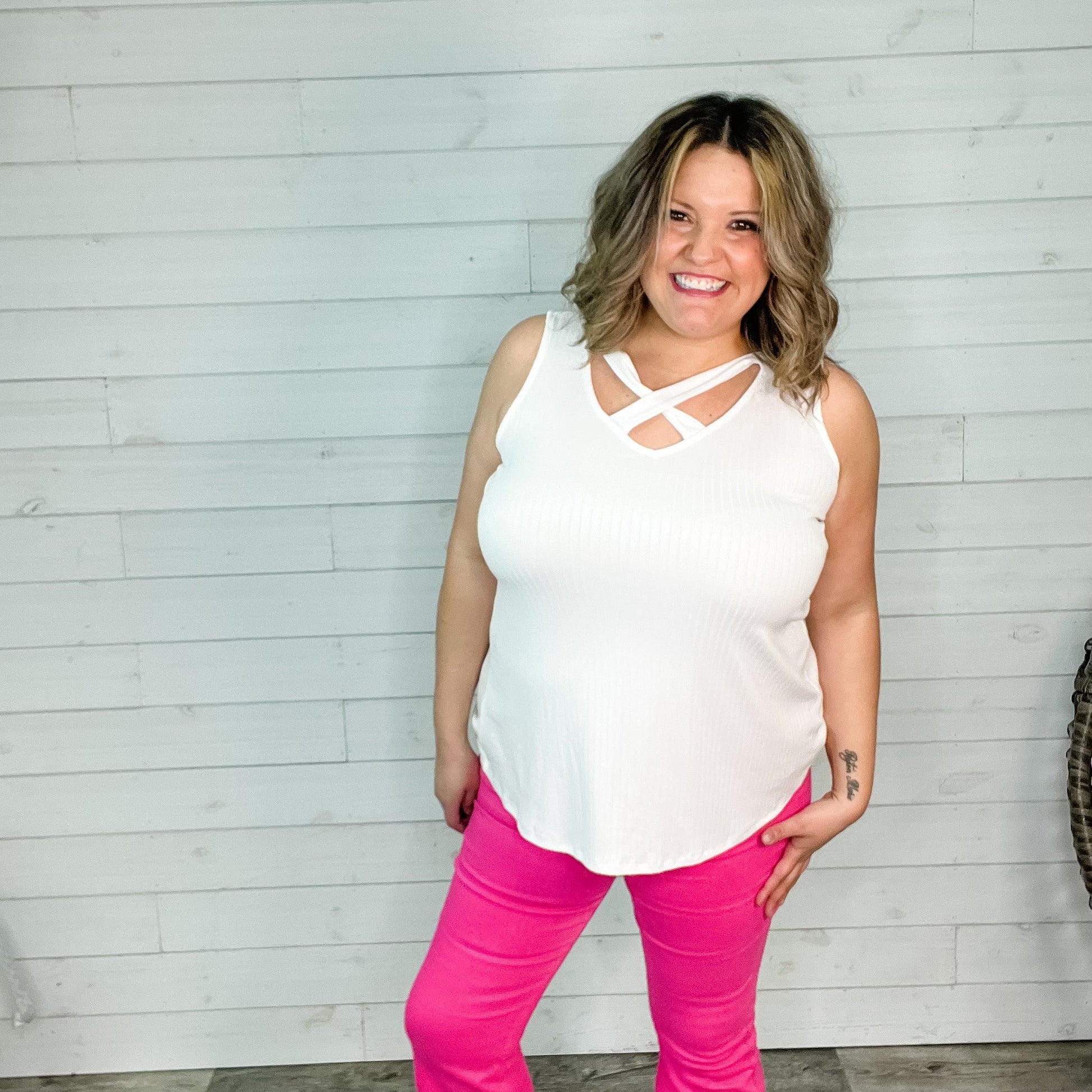 "Everett" Ribbed Tank Top With Criss Cross Front (Off White)