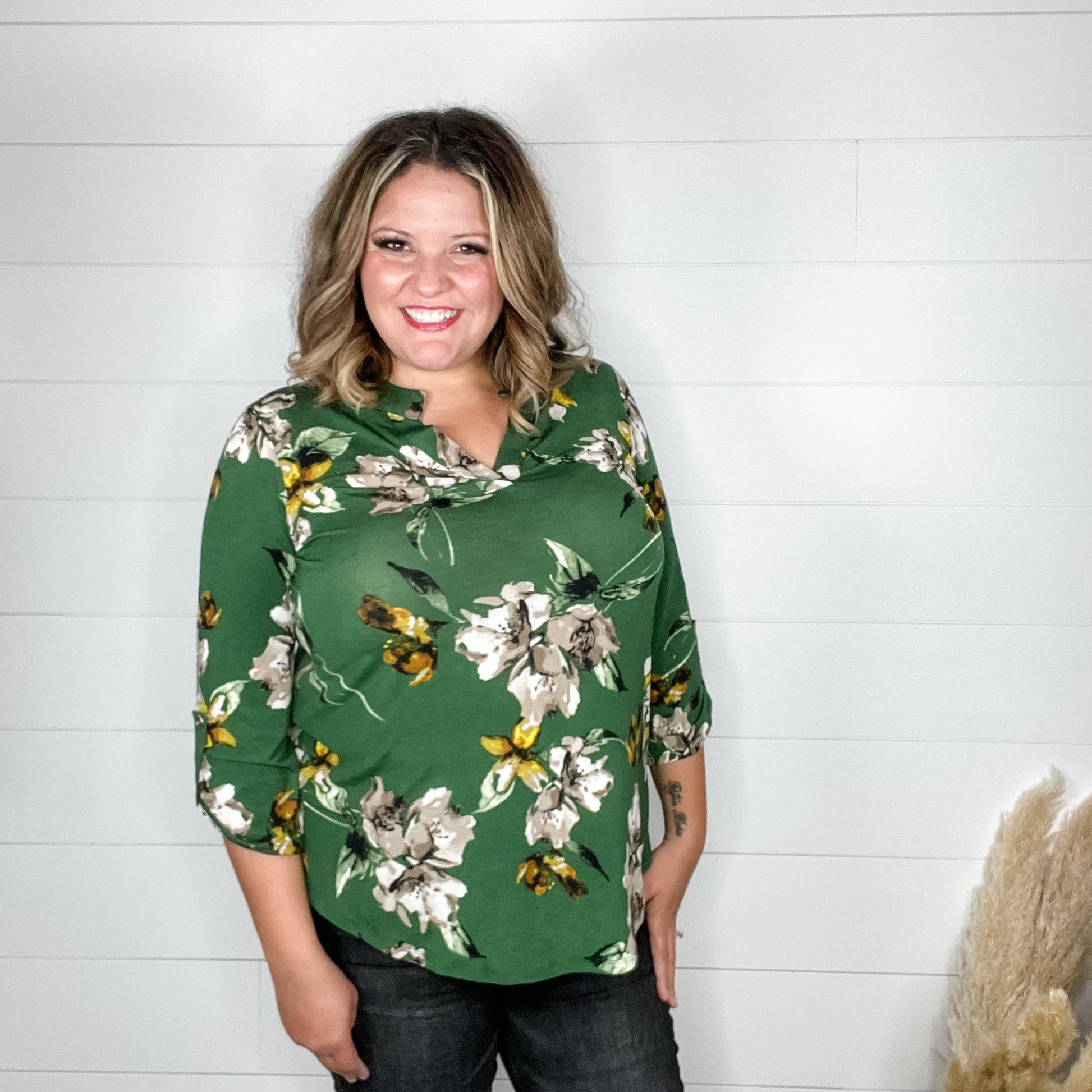 "Everlast" Floral Lizzy 3/4 Sleeve Split Neck