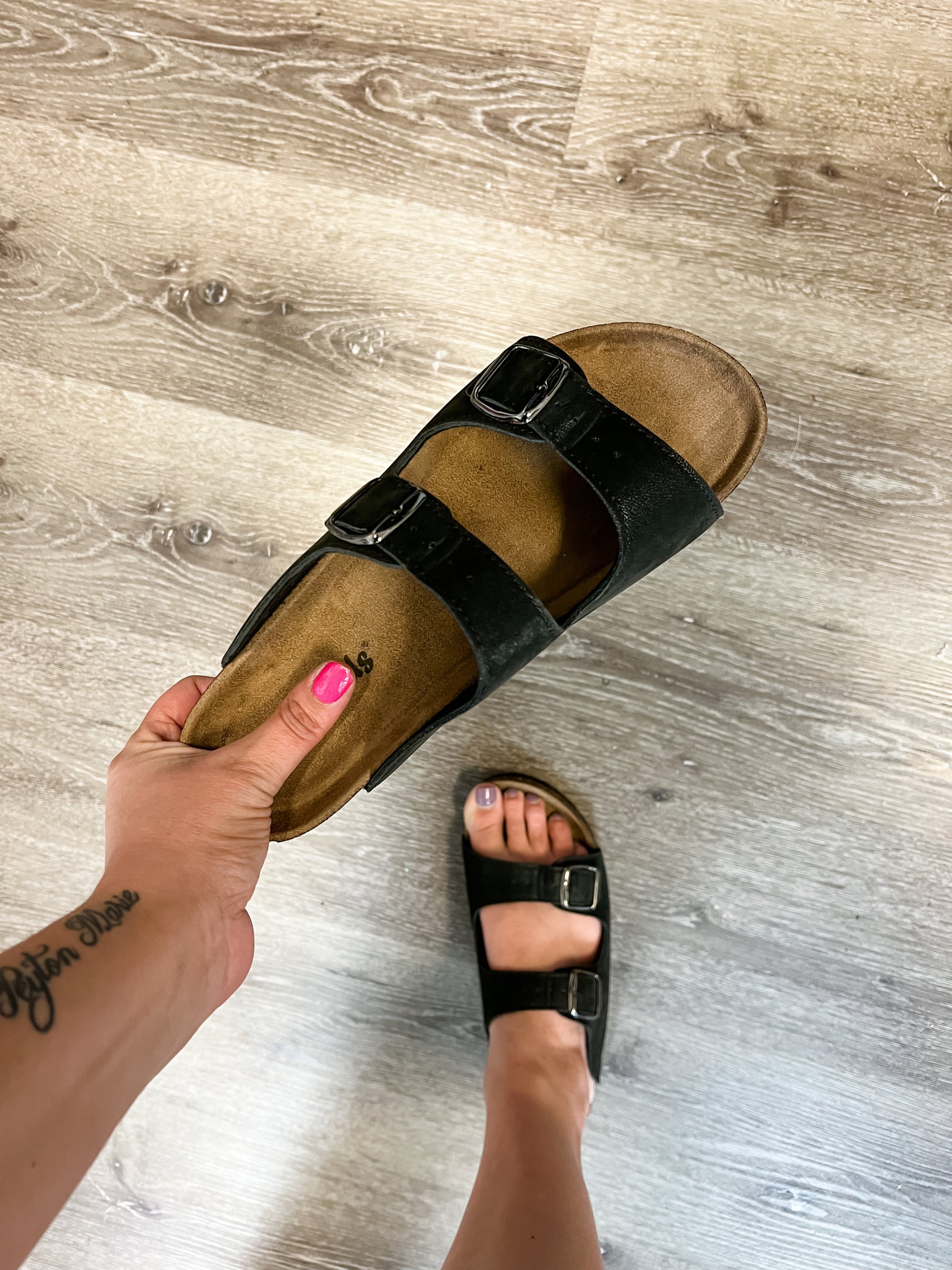 Faux Suede Double Buckle Inspired Sandals (Black)