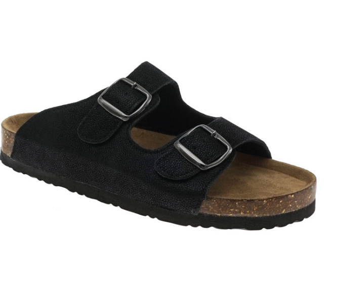 Faux Suede Double Buckle Inspired Sandals (Black)