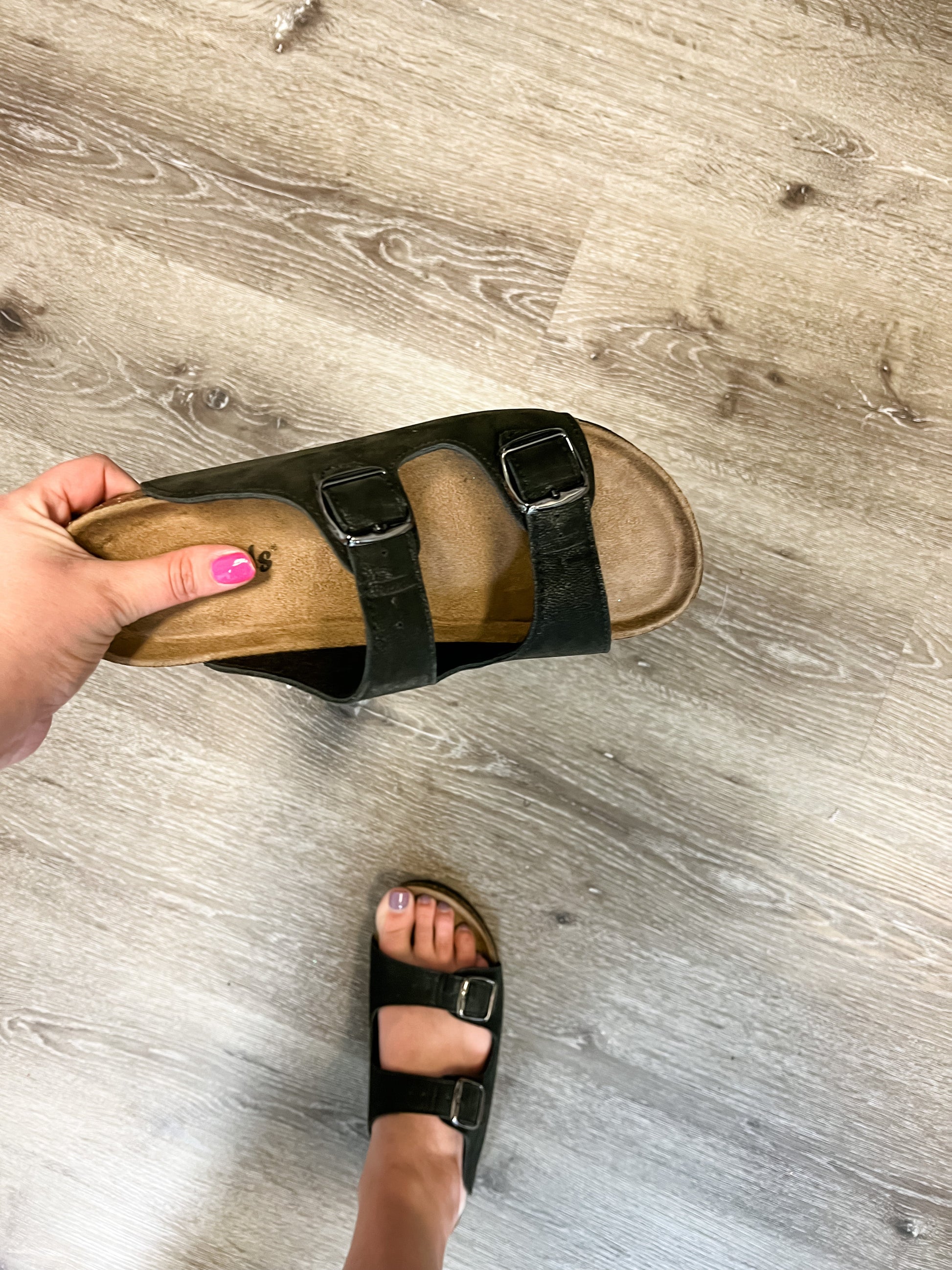 Faux Suede Double Buckle Inspired Sandals (Black)