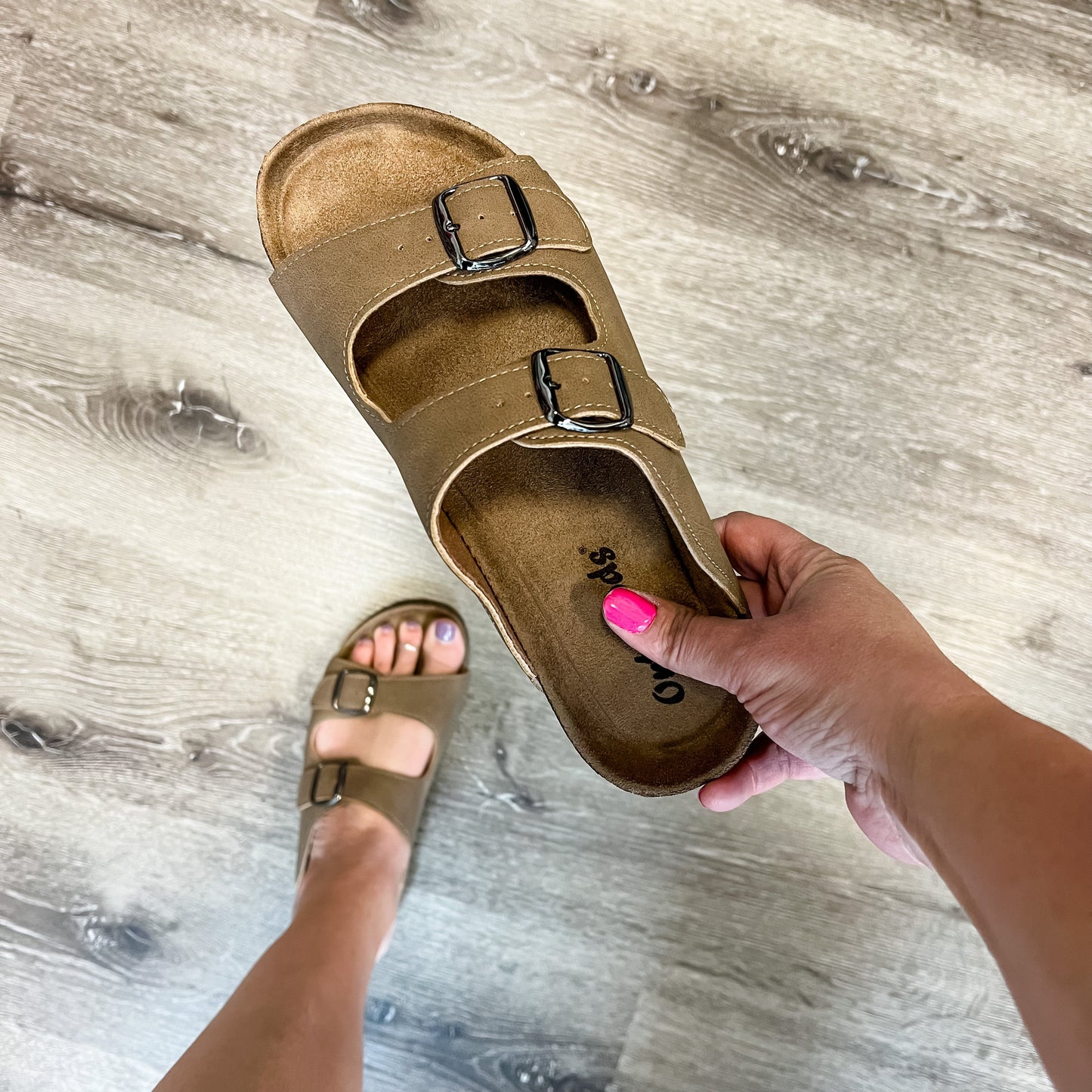 Faux Suede Double Buckle Inspired Sandals (Taupe)