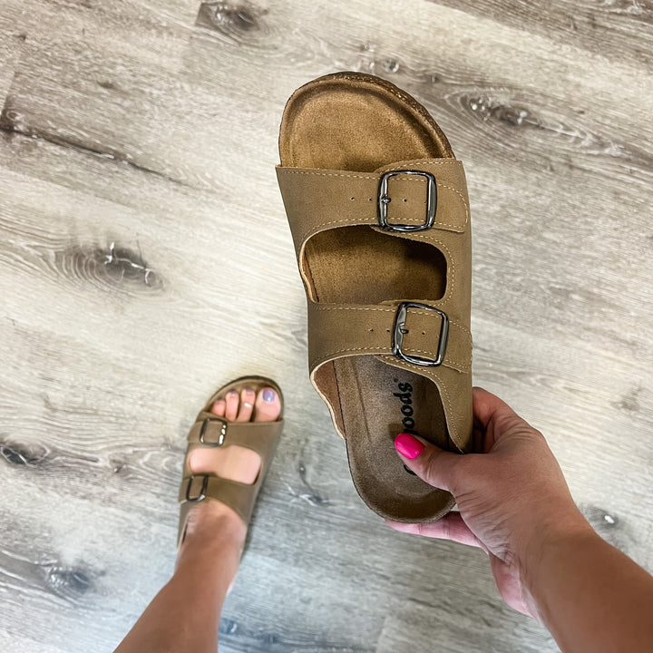 Faux Suede Double Buckle Inspired Sandals (Taupe)