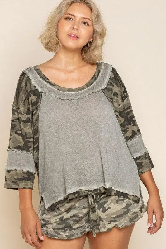 "Fearless" 3/4 Sleeve Camo Top