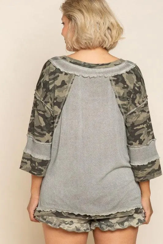 "Fearless" 3/4 Sleeve Camo Top