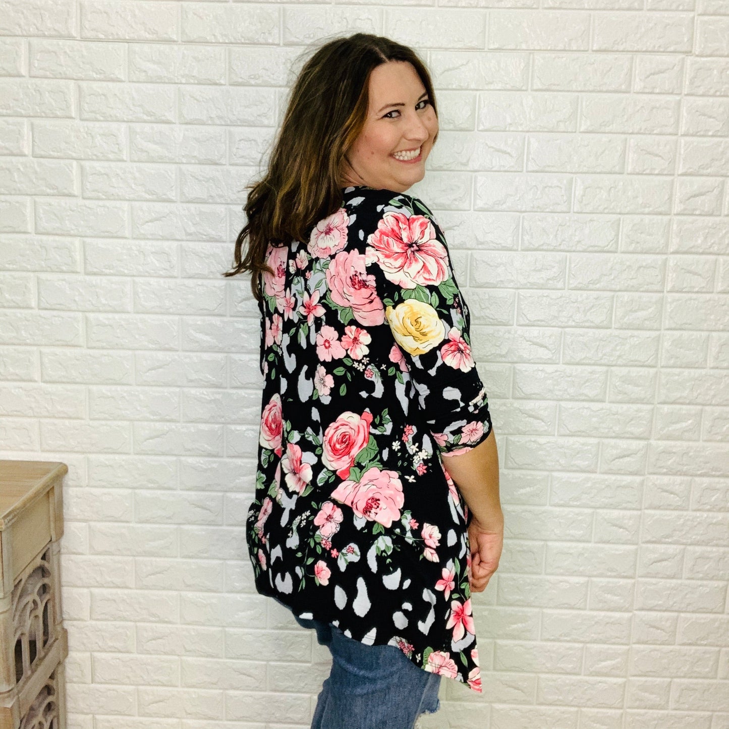 "Floating On Air" (Black) 3/4 Sleeve Shark Bite Hem