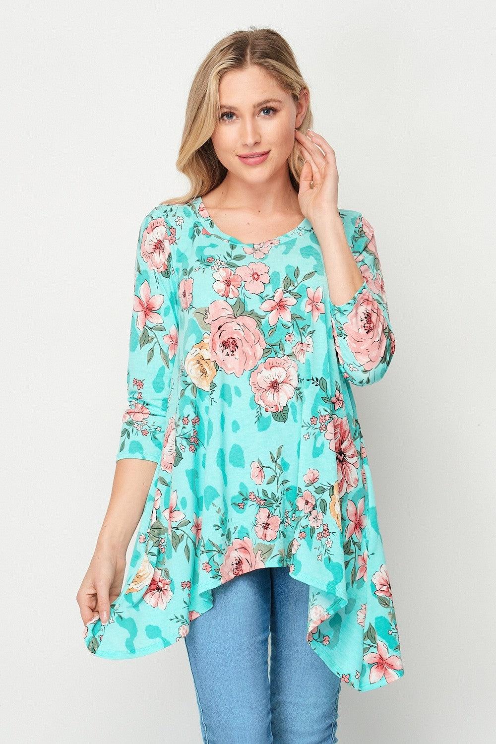 "Floating On Air" (Mint) 3/4 Sleeve Shark Bite Hem