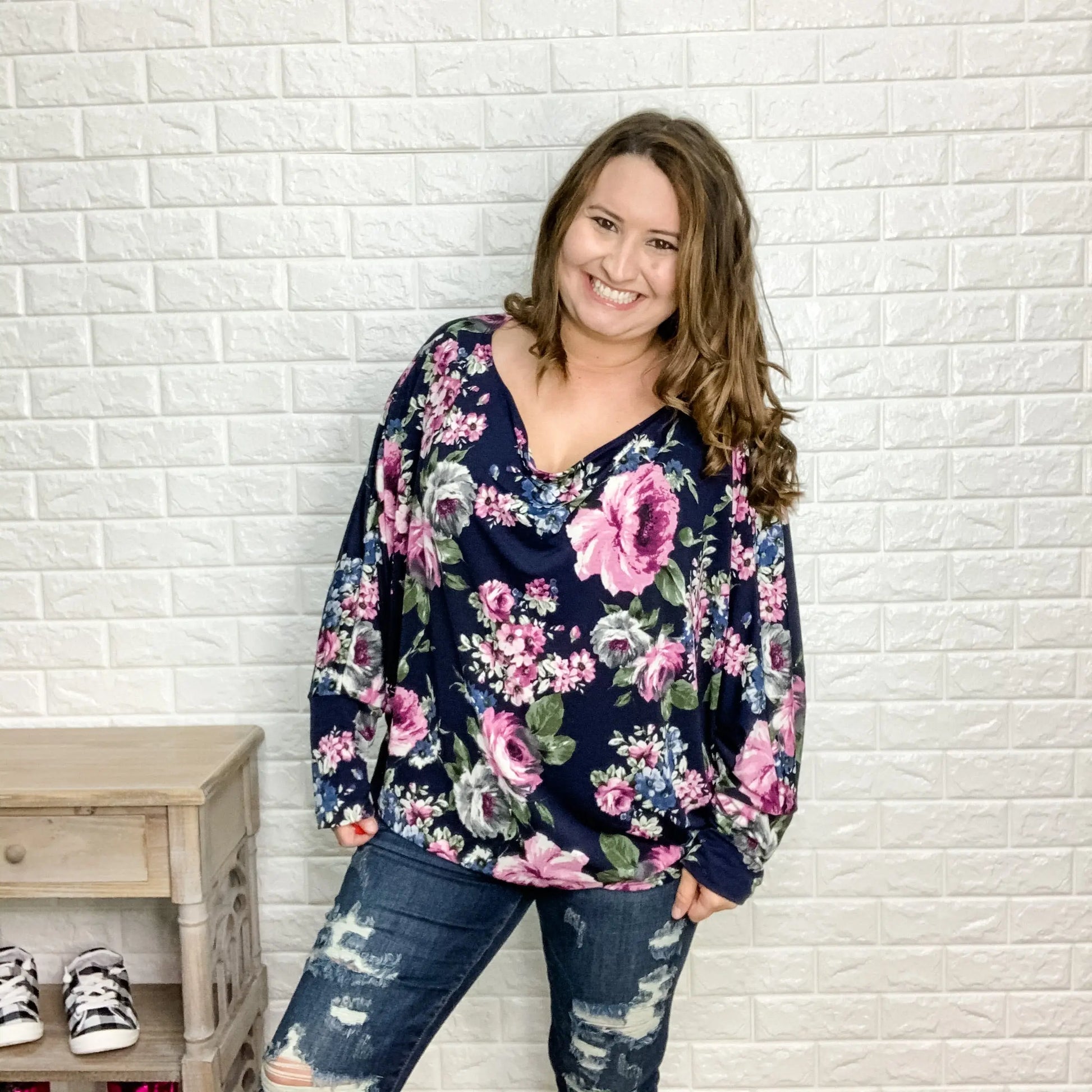 Floral Off the Shoulder Dolman Top (Navy)