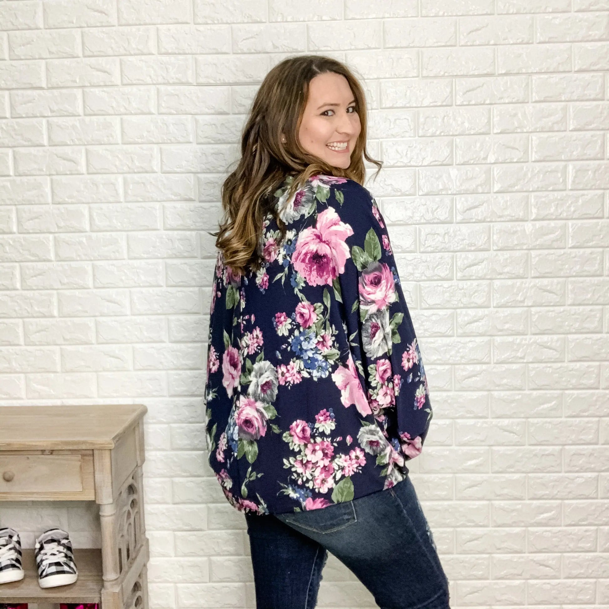 Floral Off the Shoulder Dolman Top (Navy)