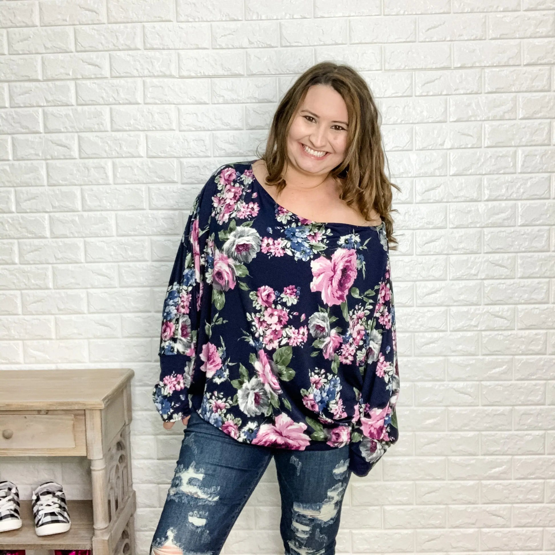 Floral Off the Shoulder Dolman Top (Navy)