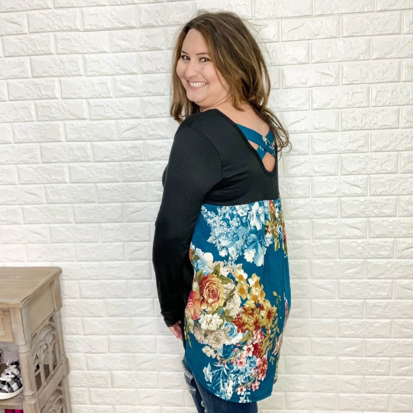 Floral & Teal Criss Cross Back Design Tunic/Top